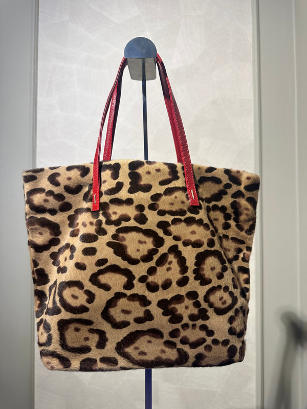 Rare Vintage Valentino leopard print calf hair bag red leather trim mini tote open bag