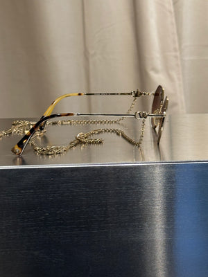 Valentino VA2040 Vintage Geometric Sunglasses Gold Tone Metal Frame Brown Gradient Lenses VLogo Chain
