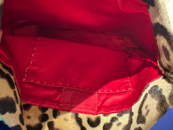 Rare Vintage Valentino leopard print calf hair bag red leather trim mini tote open bag