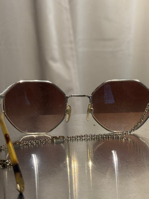 Valentino VA2040 Vintage Geometric Sunglasses Gold Tone Metal Frame Brown Gradient Lenses VLogo Chain