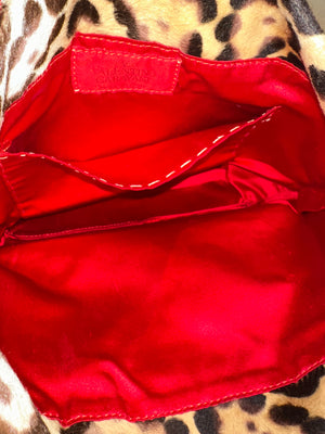 Rare Vintage Valentino leopard print calf hair bag red leather trim mini tote open bag