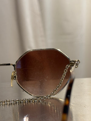 Valentino VA2040 Vintage Geometric Sunglasses Gold Tone Metal Frame Brown Gradient Lenses VLogo Chain