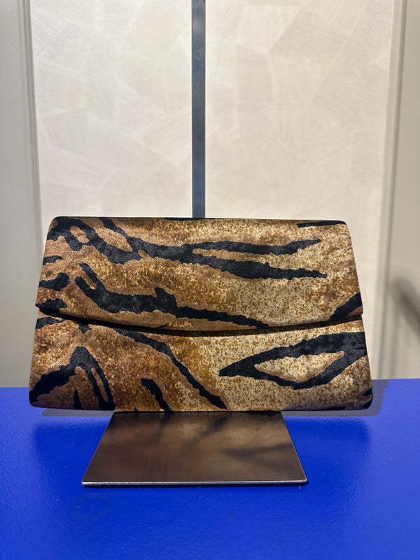 Yves Saint Laurent Vintage Clutch velvet tiger print chic 90s textured animal print wild handbag strapless