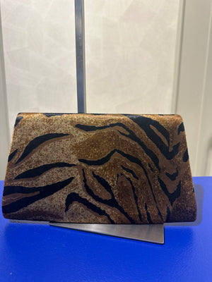 Yves Saint Laurent Vintage Clutch velvet tiger print chic 90s textured animal print wild handbag strapless