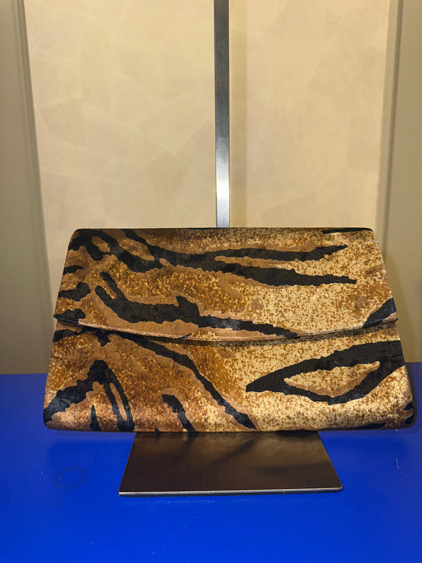 Yves Saint Laurent Vintage Clutch velvet tiger print chic 90s textured animal print wild handbag strapless