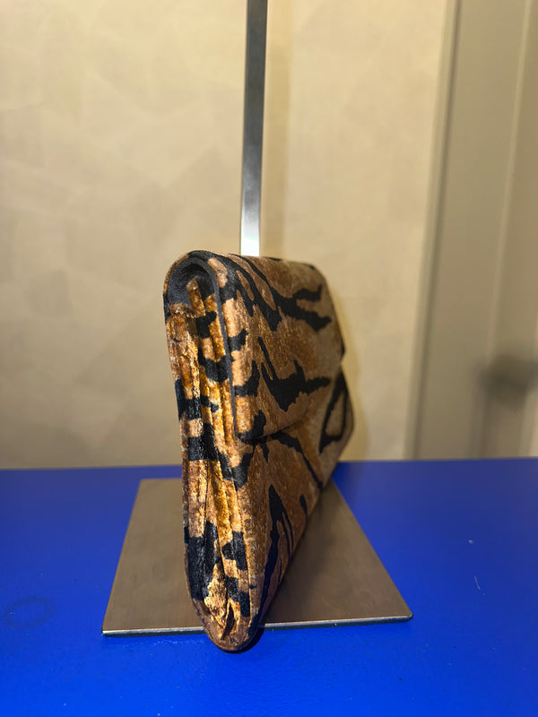 Yves Saint Laurent Vintage Clutch velvet tiger print chic 90s textured animal print wild handbag strapless