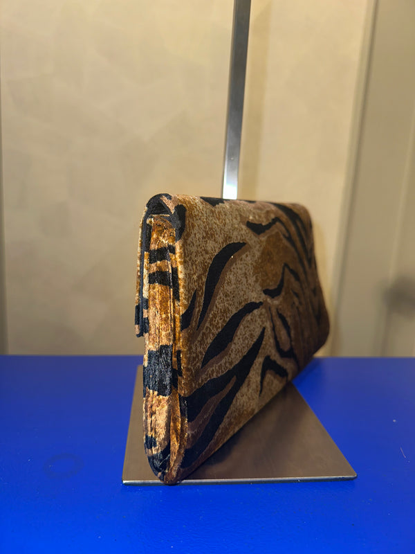 Yves Saint Laurent Vintage Clutch velvet tiger print chic 90s textured animal print wild handbag strapless