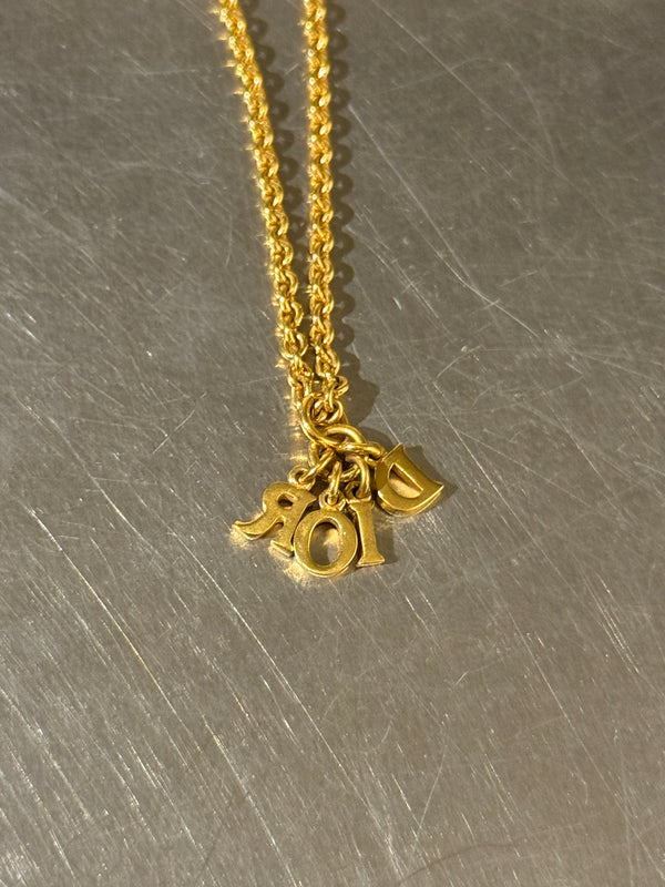 Christian Dior Vintage Gold Tone Dangling DIOR Letter Charms Pendant Chain Necklace Jewelry