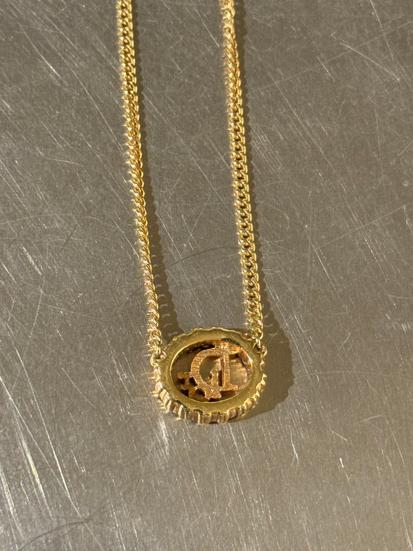 Christian Dior Vintage Gold Tone Rhinestone CD Logo Oval Pendant Necklace Chain Jewelry