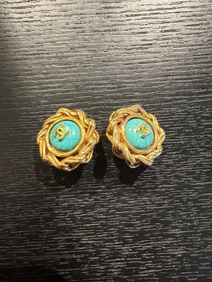 Chanel clip-on Gold CC classic style large stud statement turquoise logo rope plated earrings vintage Coco Mark motif studded