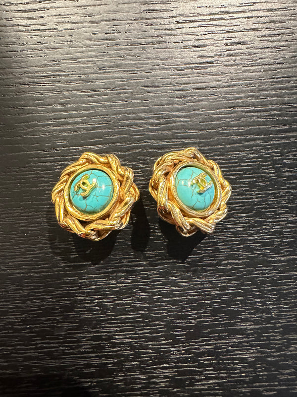Chanel clip-on Gold CC classic style large stud statement turquoise logo rope plated earrings vintage Coco Mark motif studded