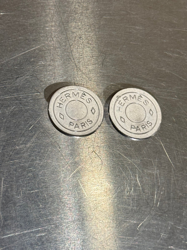 Hermes Vintage Silver Tone Clou de Selle Sellier Logo Round Earrings Jewelry