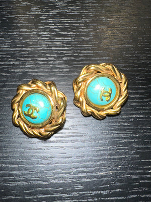 Chanel clip-on Gold CC classic style large stud statement turquoise logo rope plated earrings vintage Coco Mark motif studded