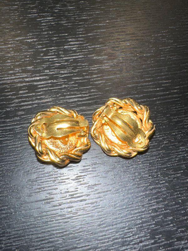 Chanel clip-on Gold CC classic style large stud statement turquoise logo rope plated earrings vintage Coco Mark motif studded