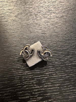 Chanel studded gunmetal CC classic style mini stud statement logo earrings vintage