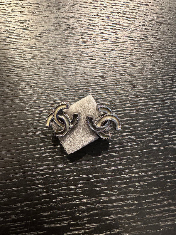 Chanel studded gunmetal CC classic style mini stud statement logo earrings vintage