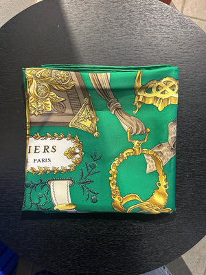 Hermes Gold Green White graphic detailing square silk large adjustable scarf tie