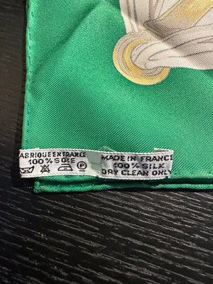 Hermes Gold Green White graphic detailing square silk large adjustable scarf tie