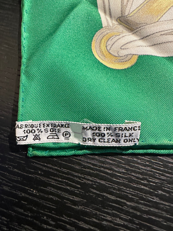 Hermes Gold Green White graphic detailing square silk large adjustable scarf tie