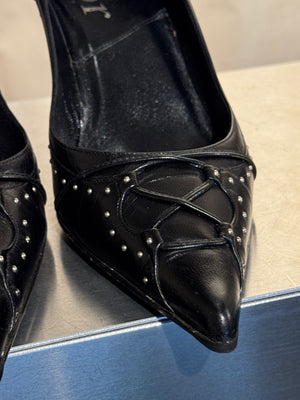 Christian Dior Vintage John Galliano Era Black Leather Studded Lace-Up Pumps Pointed Toe Stiletto Heels Silver Tone Eyelets EU 38