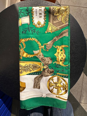 Hermes Gold Green White graphic detailing square silk large adjustable scarf tie