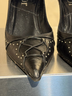 Christian Dior Vintage John Galliano Era Black Leather Studded Lace-Up Pumps Pointed Toe Stiletto Heels Silver Tone Eyelets EU 38