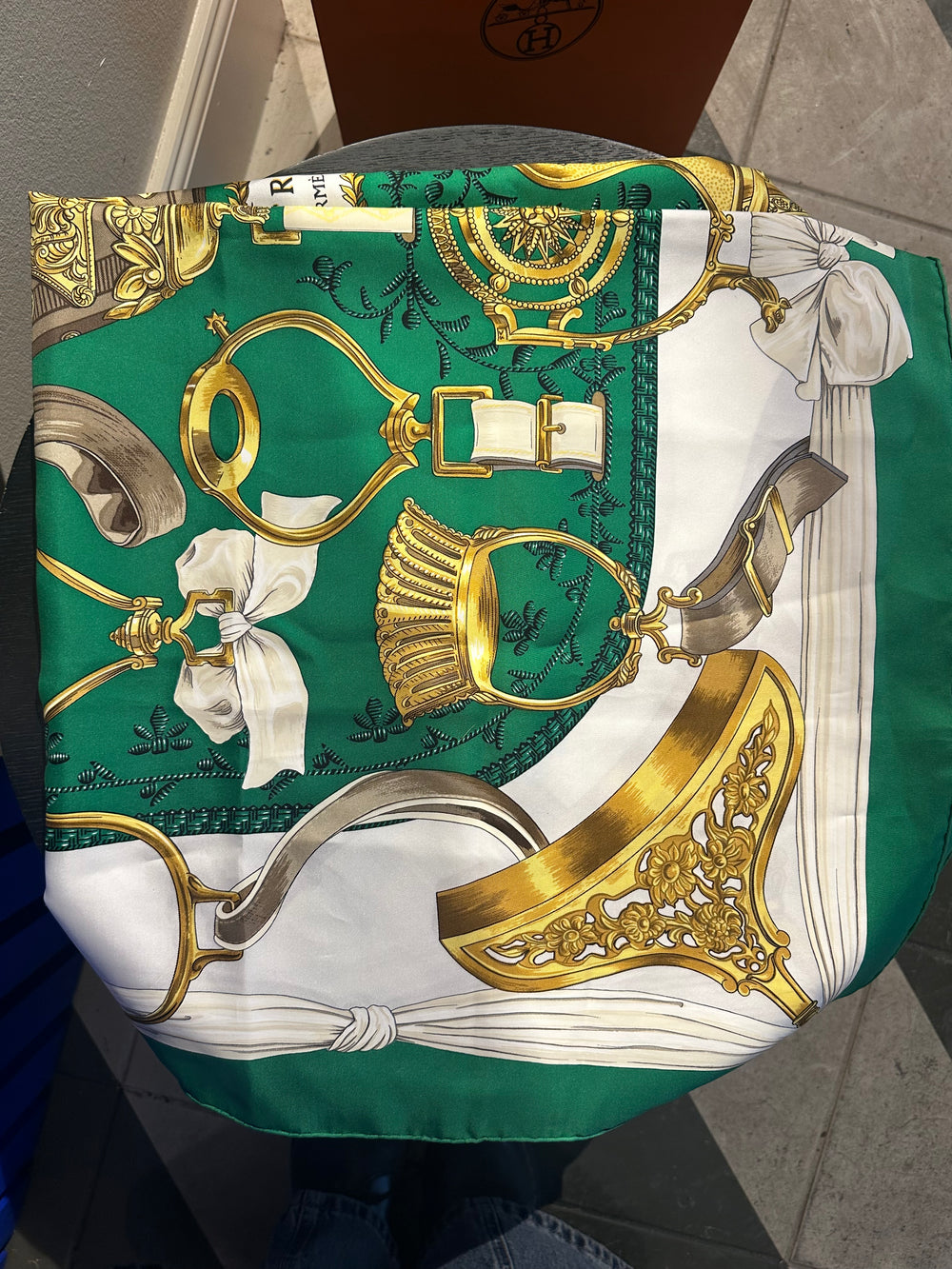 Hermes Gold Green White graphic detailing square silk large adjustable scarf tie