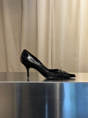 Christian Dior Vintage John Galliano Era Black Leather Studded Lace-Up Pumps Pointed Toe Stiletto Heels Silver Tone Eyelets EU 38