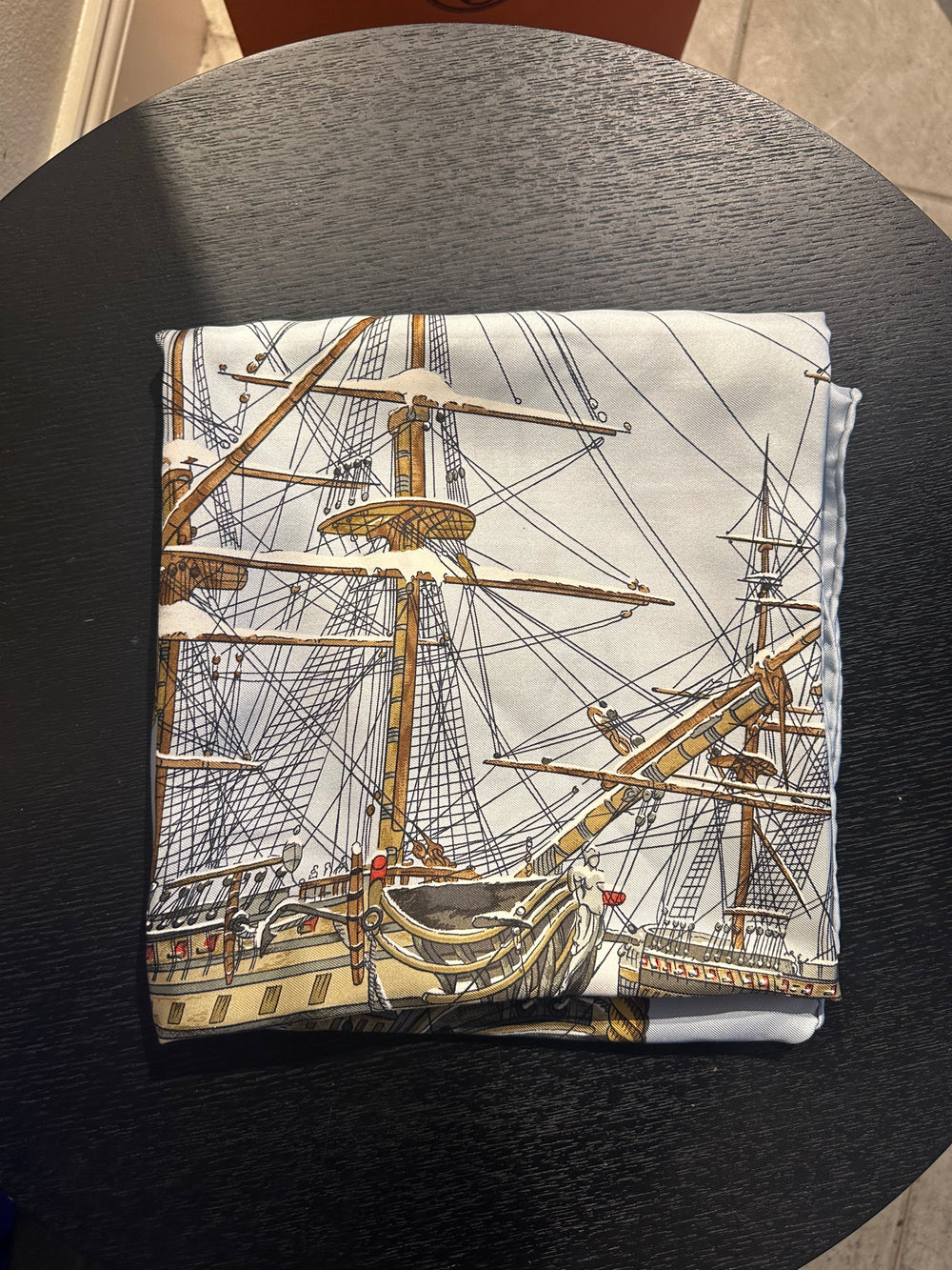 Hermes Blue Nautical White graphic detailing square silk large adjustable scarf tie boat seascape