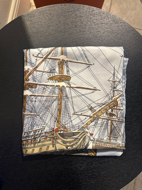 Hermes Blue Nautical White graphic detailing square silk large adjustable scarf tie boat seascape