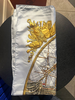 Hermes Blue Nautical White graphic detailing square silk large adjustable scarf tie boat seascape