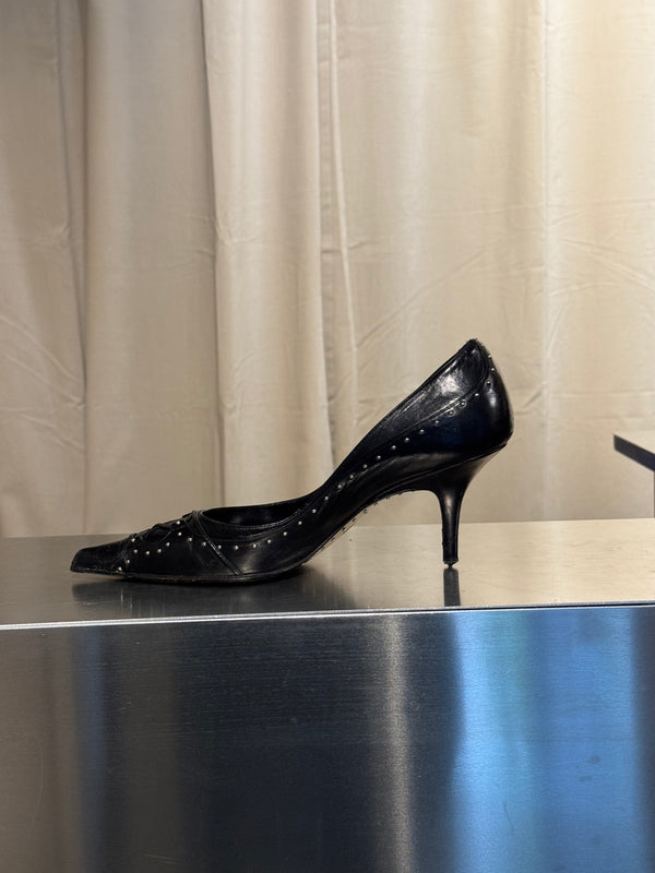 Christian Dior Vintage John Galliano Era Black Leather Studded Lace-Up Pumps Pointed Toe Stiletto Heels Silver Tone Eyelets EU 38