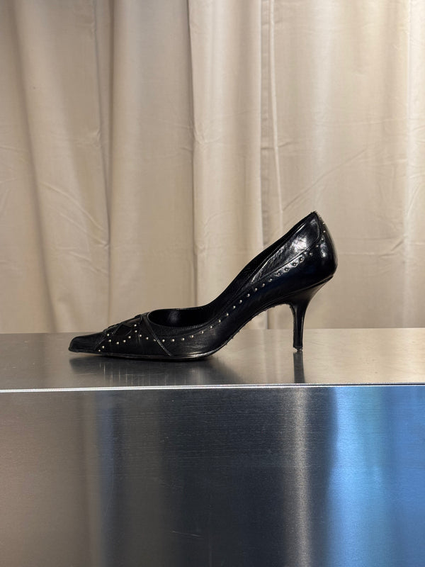Christian Dior Vintage John Galliano Era Black Leather Studded Lace-Up Pumps Pointed Toe Stiletto Heels Silver Tone Eyelets EU 38