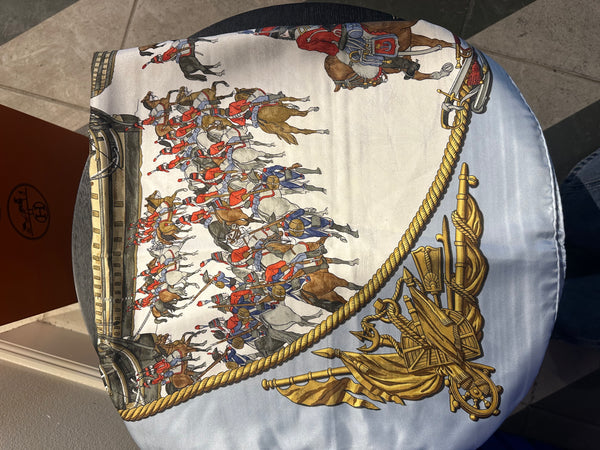 Hermes Blue Nautical White graphic detailing square silk large adjustable scarf tie boat seascape