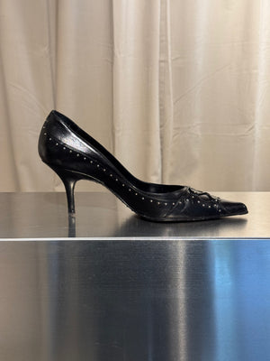 Christian Dior Vintage John Galliano Era Black Leather Studded Lace-Up Pumps Pointed Toe Stiletto Heels Silver Tone Eyelets EU 38