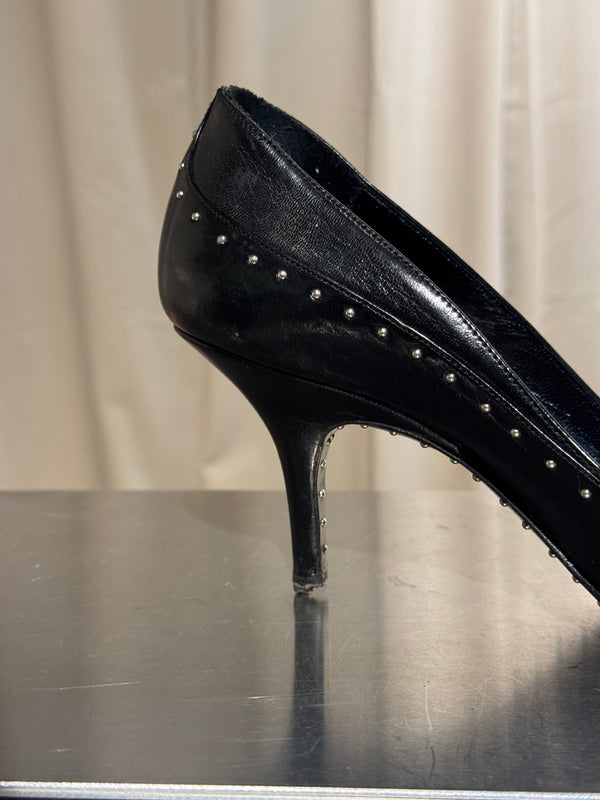 Christian Dior Vintage John Galliano Era Black Leather Studded Lace-Up Pumps Pointed Toe Stiletto Heels Silver Tone Eyelets EU 38