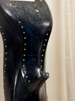 Christian Dior Vintage John Galliano Era Black Leather Studded Lace-Up Pumps Pointed Toe Stiletto Heels Silver Tone Eyelets EU 38