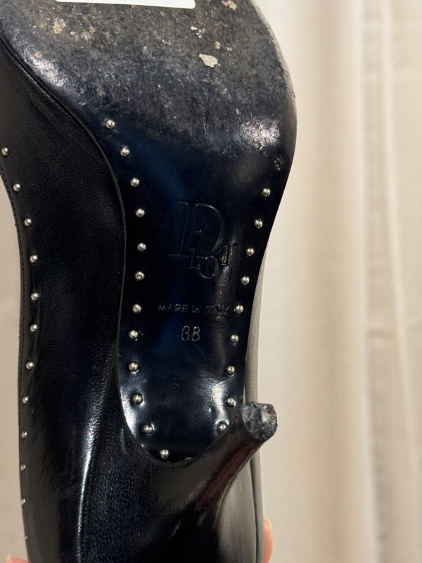 Christian Dior Vintage John Galliano Era Black Leather Studded Lace-Up Pumps Pointed Toe Stiletto Heels Silver Tone Eyelets EU 38