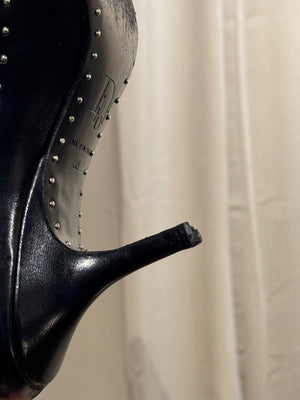 Christian Dior Vintage John Galliano Era Black Leather Studded Lace-Up Pumps Pointed Toe Stiletto Heels Silver Tone Eyelets EU 38