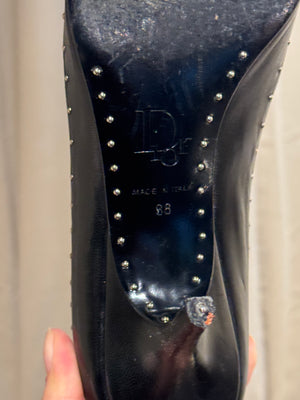 Christian Dior Vintage John Galliano Era Black Leather Studded Lace-Up Pumps Pointed Toe Stiletto Heels Silver Tone Eyelets EU 38