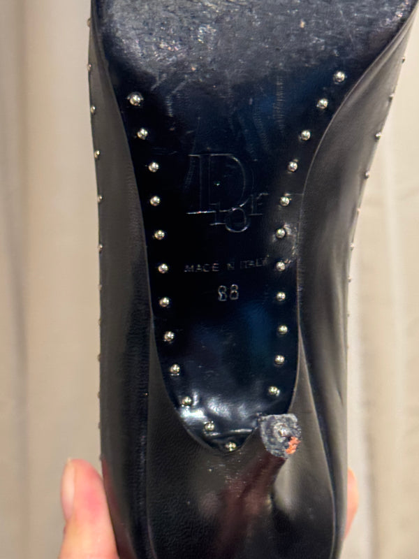 Christian Dior Vintage John Galliano Era Black Leather Studded Lace-Up Pumps Pointed Toe Stiletto Heels Silver Tone Eyelets EU 38