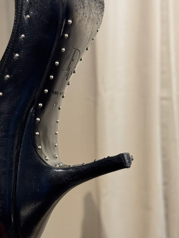 Christian Dior Vintage John Galliano Era Black Leather Studded Lace-Up Pumps Pointed Toe Stiletto Heels Silver Tone Eyelets EU 38