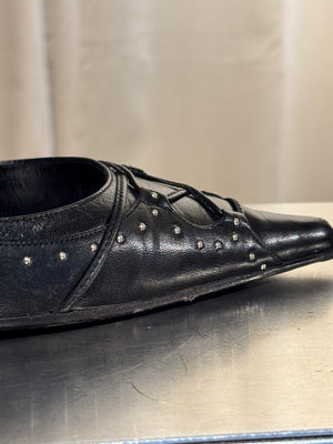 Christian Dior Vintage John Galliano Era Black Leather Studded Lace-Up Pumps Pointed Toe Stiletto Heels Silver Tone Eyelets EU 38
