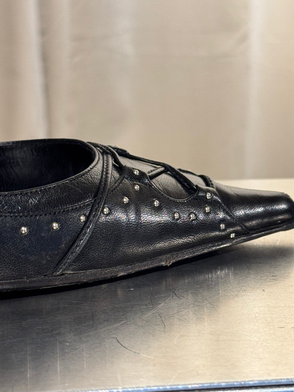 Christian Dior Vintage John Galliano Era Black Leather Studded Lace-Up Pumps Pointed Toe Stiletto Heels Silver Tone Eyelets EU 38