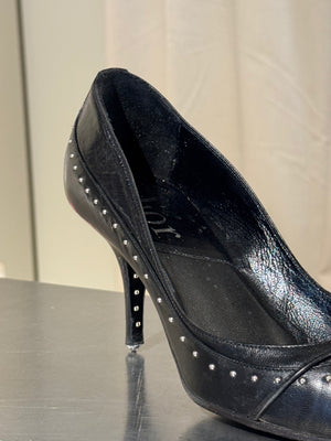 Christian Dior Vintage John Galliano Era Black Leather Studded Lace-Up Pumps Pointed Toe Stiletto Heels Silver Tone Eyelets EU 38