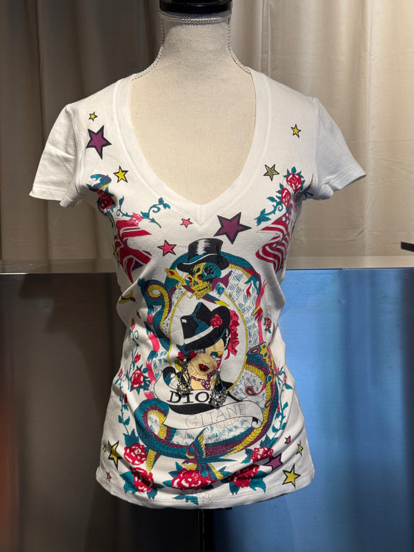 Christian Dior Rare Archival Vintage SS2005 John Galliano Dior Gitane Tattoo Graphic Print V-Neck T-Shirt White Cotton Y2K Collector Piece FR 36