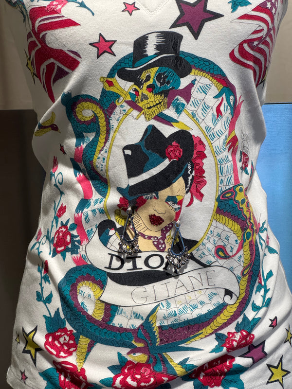 Christian Dior Rare Archival Vintage SS2005 John Galliano Dior Gitane Tattoo Graphic Print V-Neck T-Shirt White Cotton Y2K Collector Piece FR 36