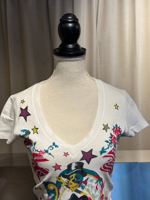 Christian Dior Rare Archival Vintage SS2005 John Galliano Dior Gitane Tattoo Graphic Print V-Neck T-Shirt White Cotton Y2K Collector Piece FR 36