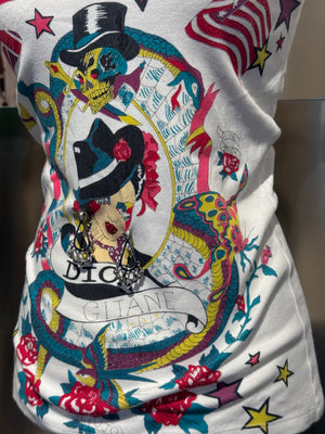 Christian Dior Rare Archival Vintage SS2005 John Galliano Dior Gitane Tattoo Graphic Print V-Neck T-Shirt White Cotton Y2K Collector Piece FR 36
