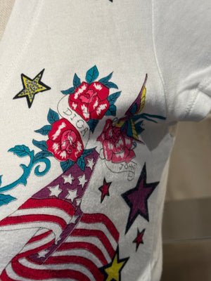 Christian Dior Rare Archival Vintage SS2005 John Galliano Dior Gitane Tattoo Graphic Print V-Neck T-Shirt White Cotton Y2K Collector Piece FR 36
